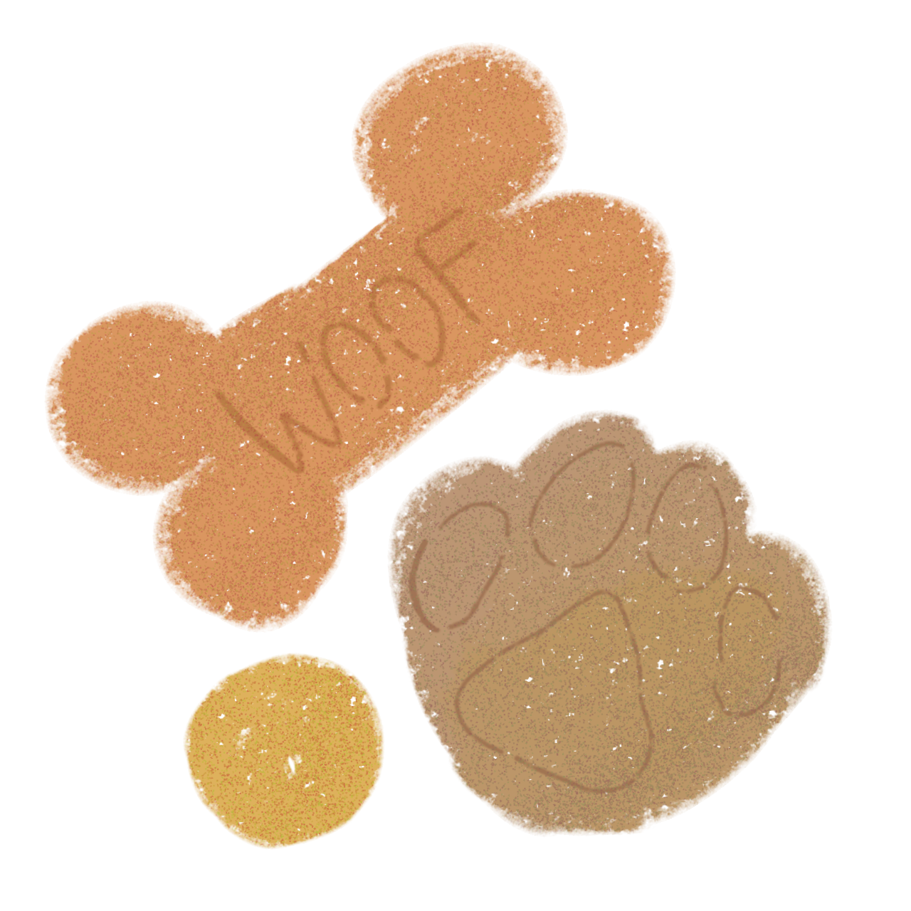  three crayon styled dog treats First, there's a dog bone, drawn in a light brown color with a textured surface. The word 'woof' is written horizontally across the middle of the bone. Second, there's a dog paw print, also in a light brown color with a textured surface. And finally, there's a small, round, yellow treat.